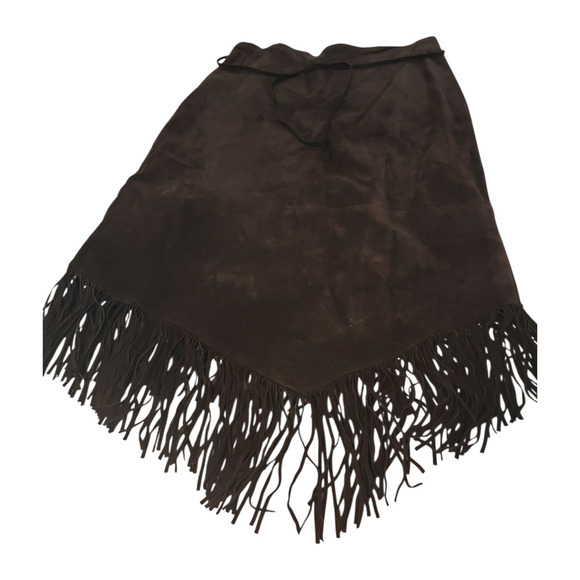 Zebra Leather Skirt sz 10 Brown Suede Fringe Hem & Tie Belt Western Movement - Picture 2 of 10